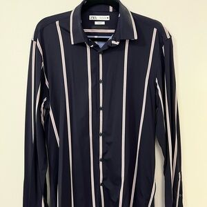 Zara Men's Navy Shirt with White Stripes